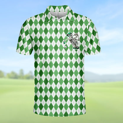 Another front view of the argyle polo shirt with skeleton graphic
