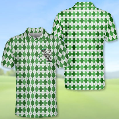 Close up front view of the green skull polo shirt