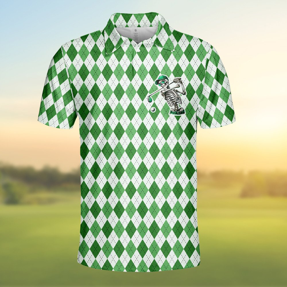 Detailed front view of the polo shirt featuring a skeleton golfer