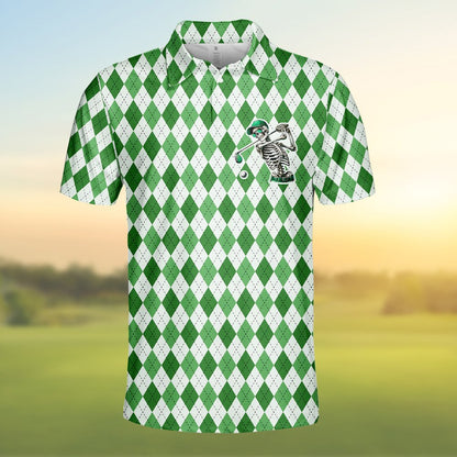 Detailed front view of the polo shirt featuring a skeleton golfer