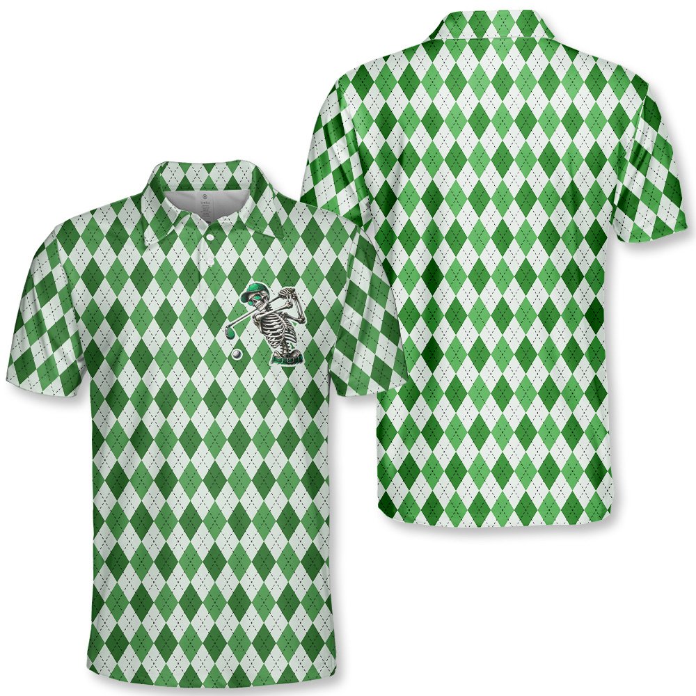 Front view of the green and white argyle polo shirt