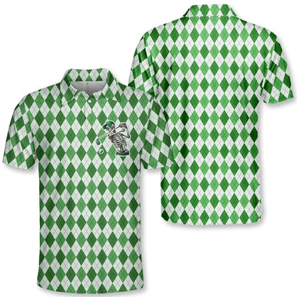 Front view of the green and white argyle polo shirt