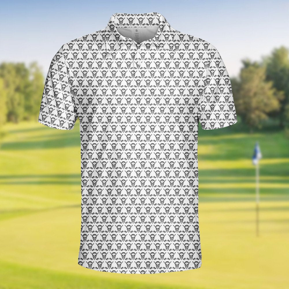 Close up back view of the white skull polo shirt pattern