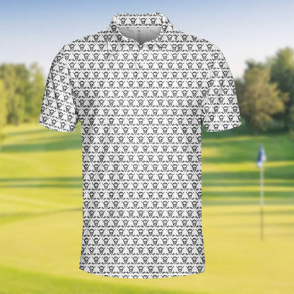 Close up back view of the white skull polo shirt pattern