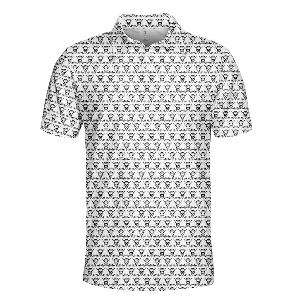 Detailed front view of the skull and golf polo shirt