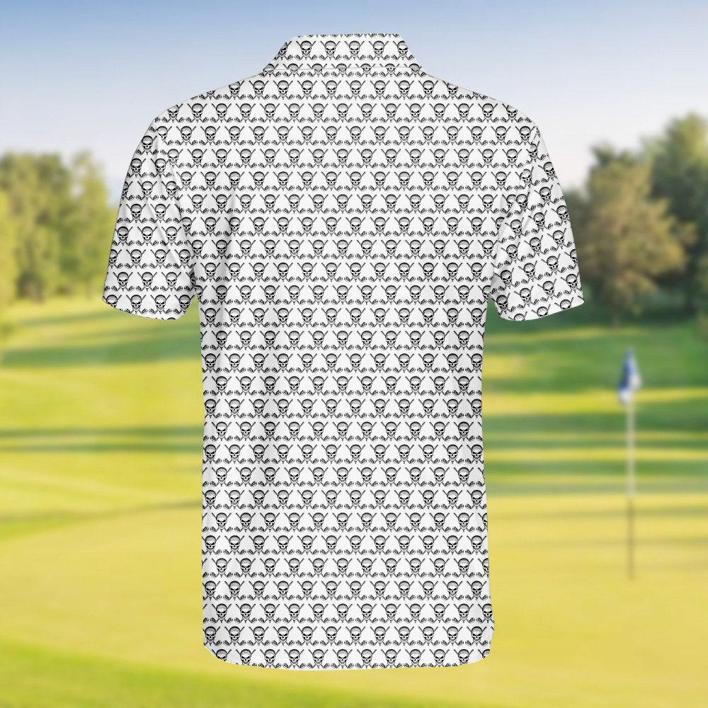 Angled front view of the skull and golf polo shirt
