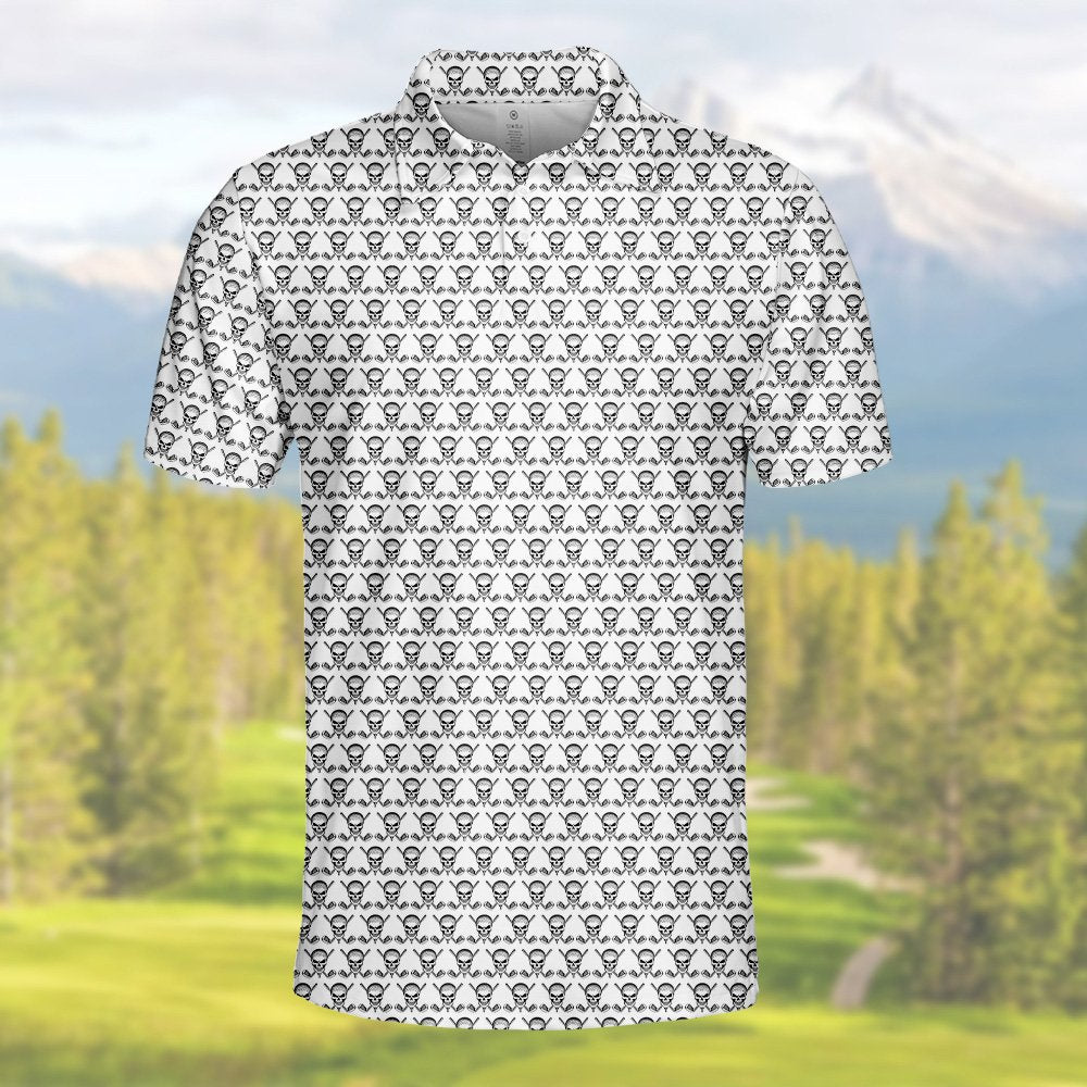 Lower front view of the black and white abstract polo shirt