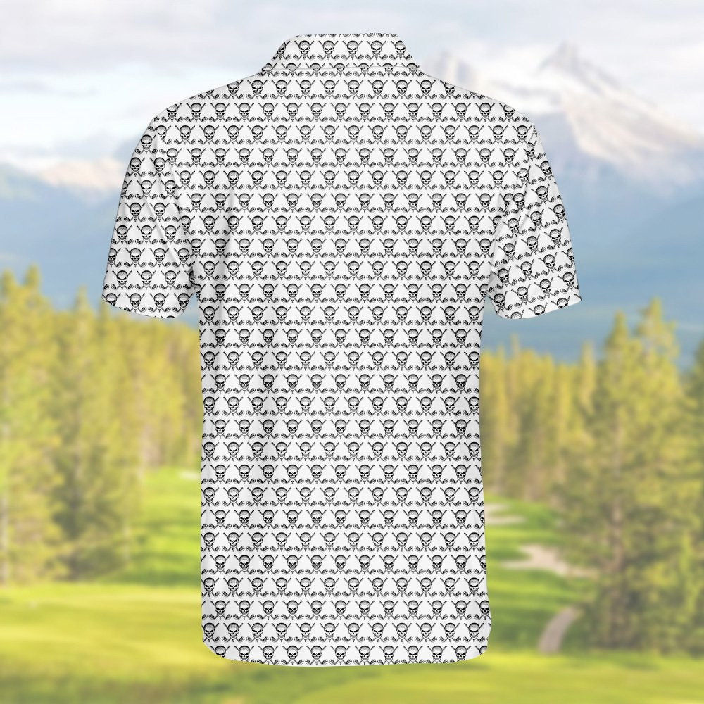 Full front presentation of the skull and golf polo shirt