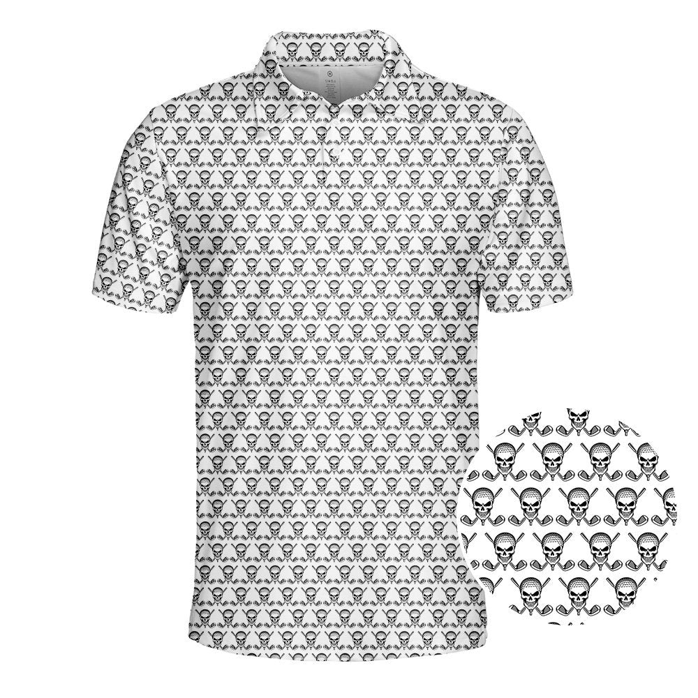 Main front view of the white and black skull and golf polo shirt