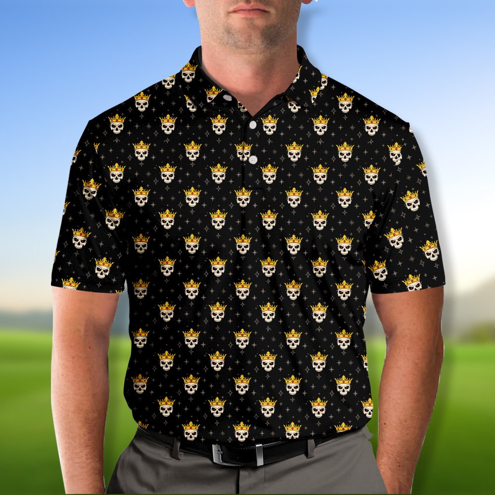 Front lifestyle view of the black skull polo shirt