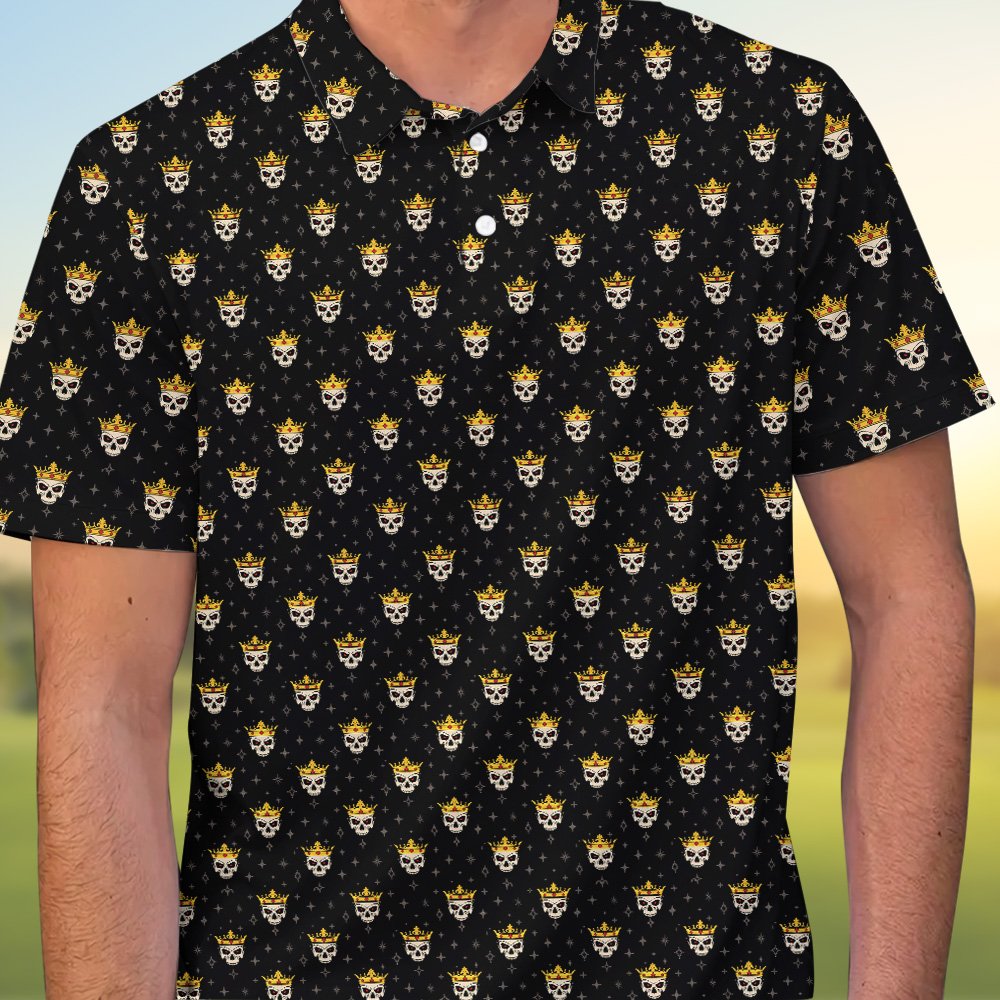 Angled front view of the skull polo shirt
