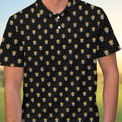 Angled front view of the skull polo shirt