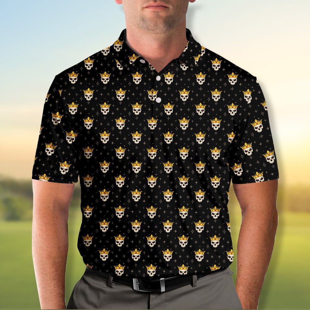 Black skull polo shirt with crowned skulls pattern, main view