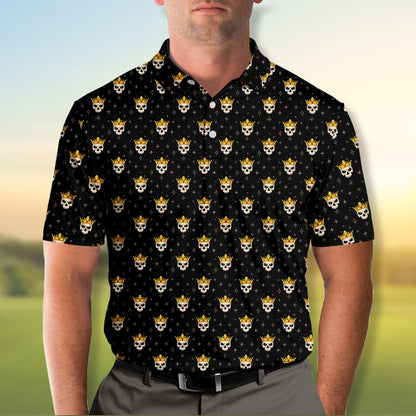 Black skull polo shirt with crowned skulls pattern, main view