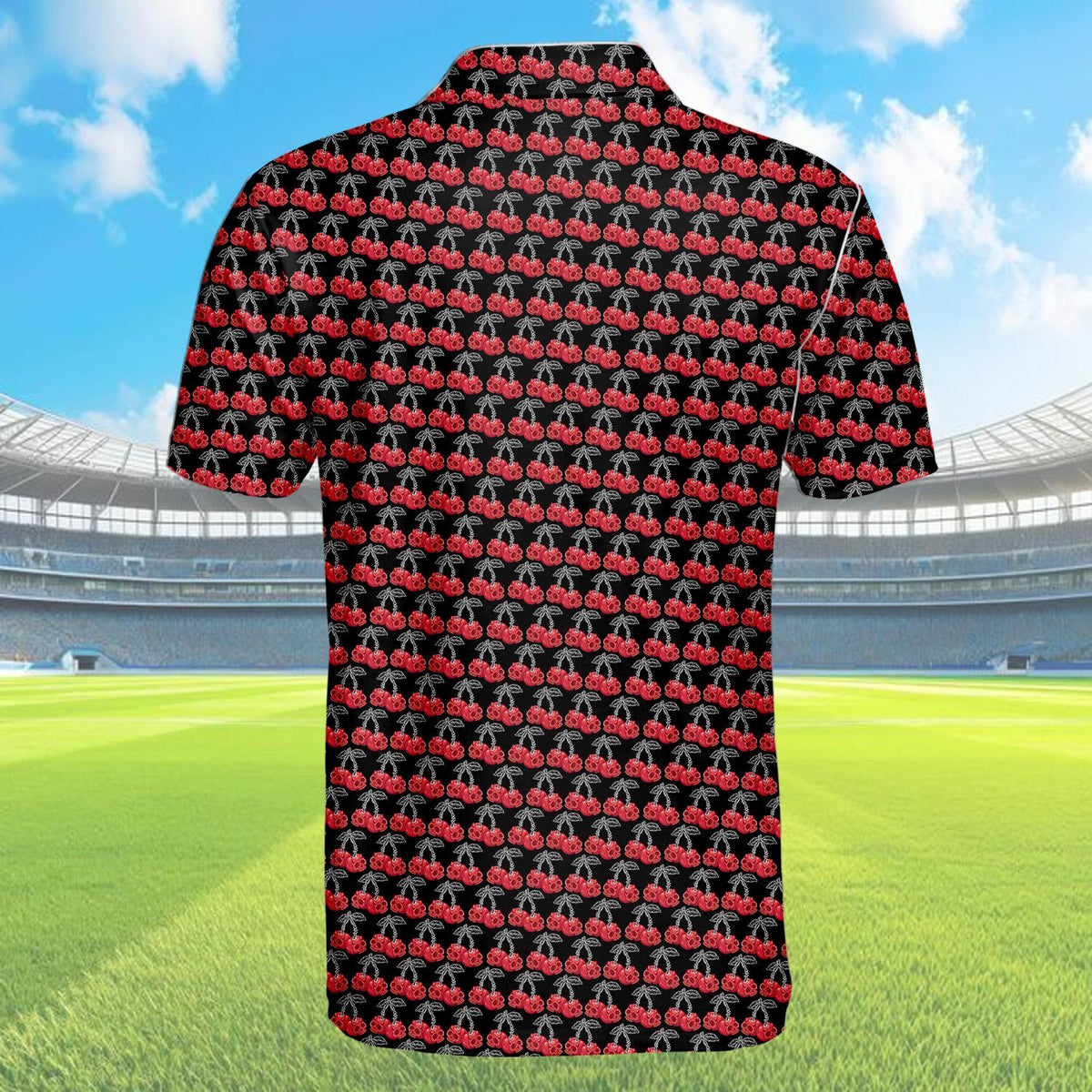 Another back view of the cherry skulls polo shirt