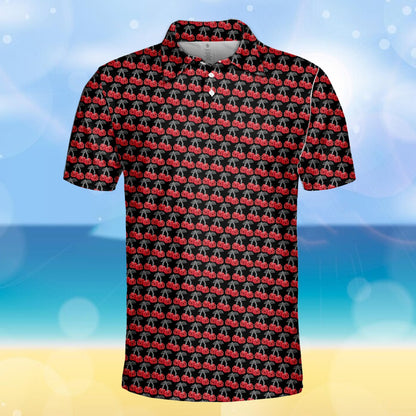 Detailed front view of the cherry skulls polo design