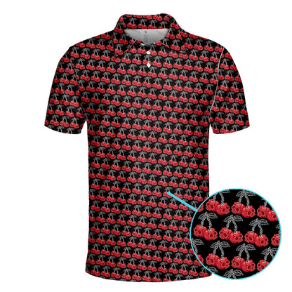 Main view of skulls polo shirt featuring red cherry skulls on a black background
