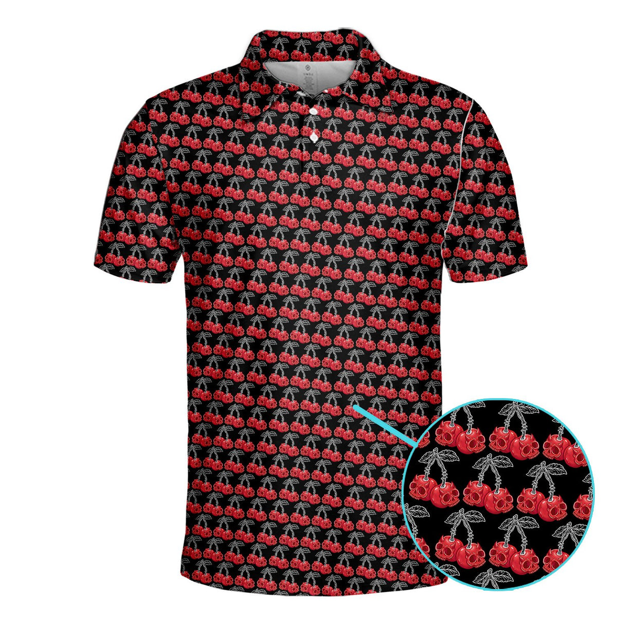 Front view of the cherry skulls polo shirt