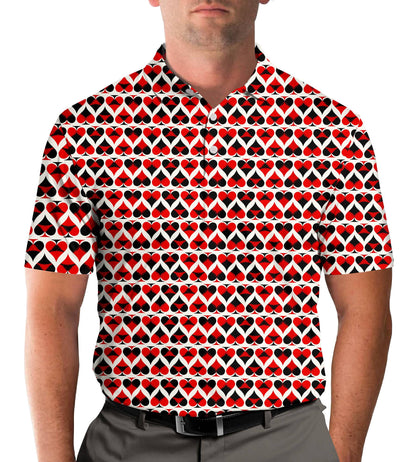 Back view of the white spades polo shirt showing the repeating pattern