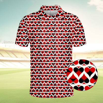 Close-up front view of the polo shirt showing the spades and hearts pattern