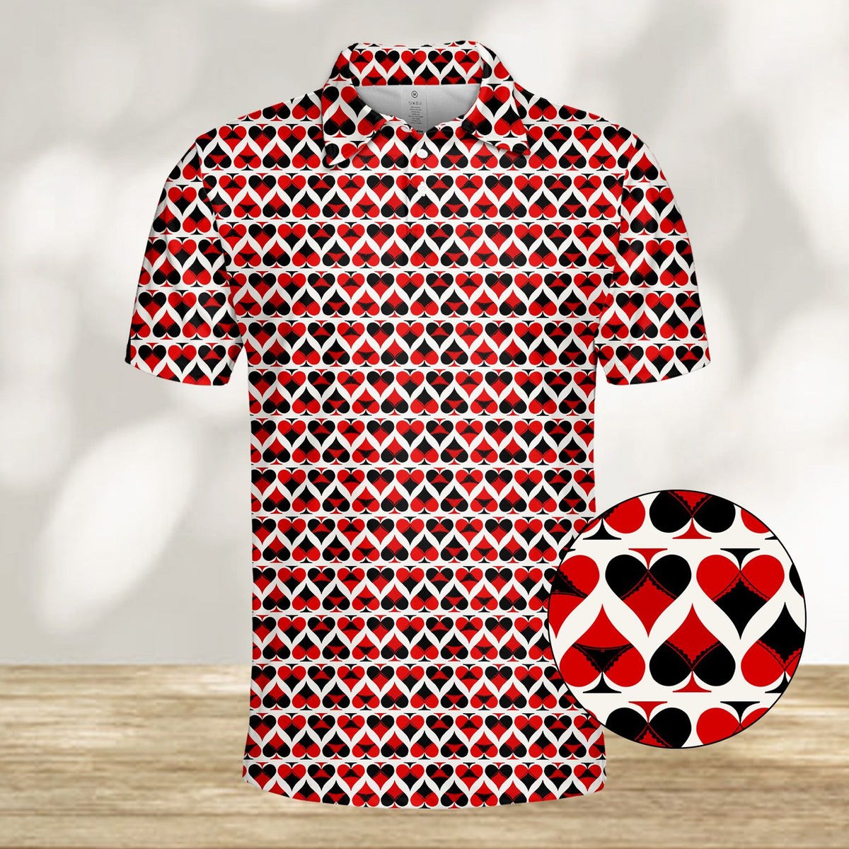 Another front view of the abstract print polo shirt