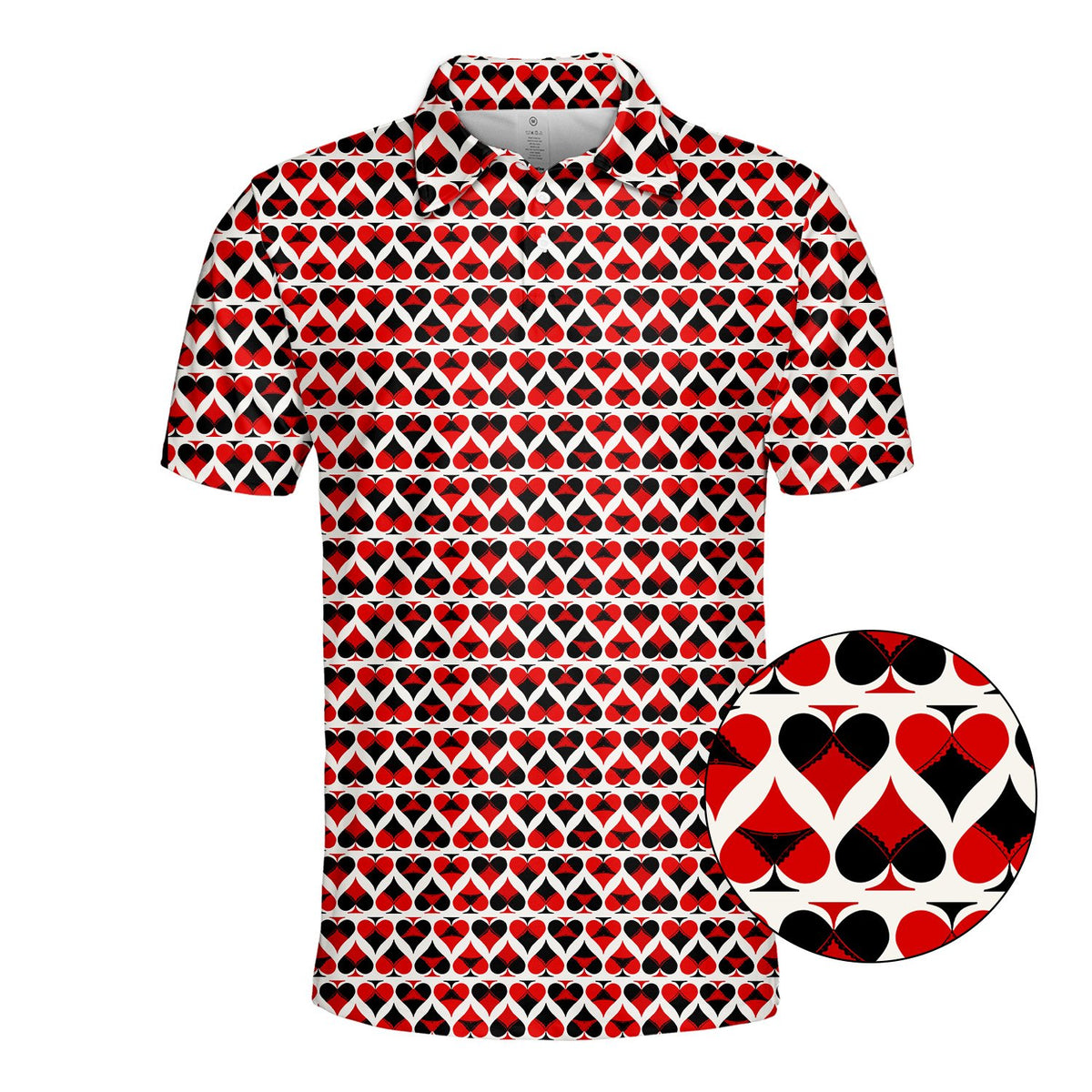 Front view displaying the collar and pattern of the polo shirt