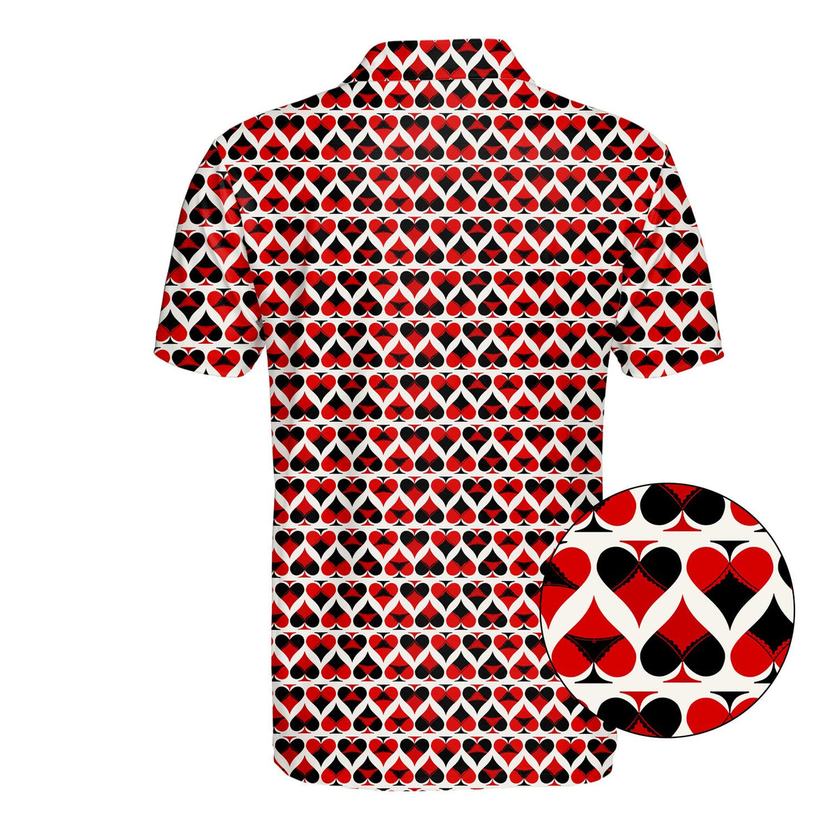 Final front view of the white spades and hearts polo shirt