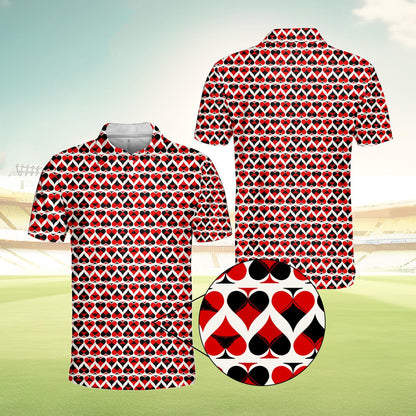 Front view of the white spades and hearts polo shirt