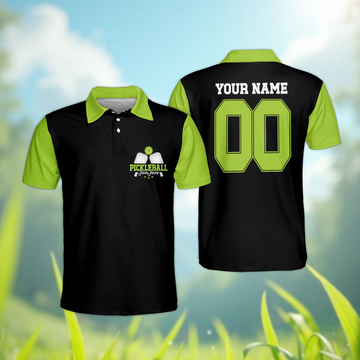 Black personalized polo shirt with pickleball paddles on the chest, front view
