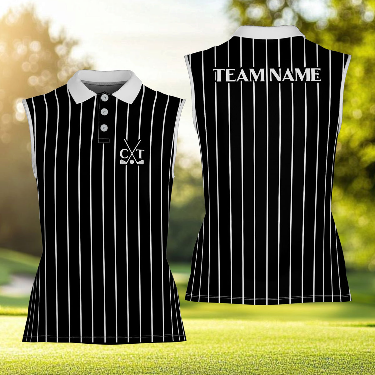 Personalized black sports polo shirt with vertical stripes and custom name, front view