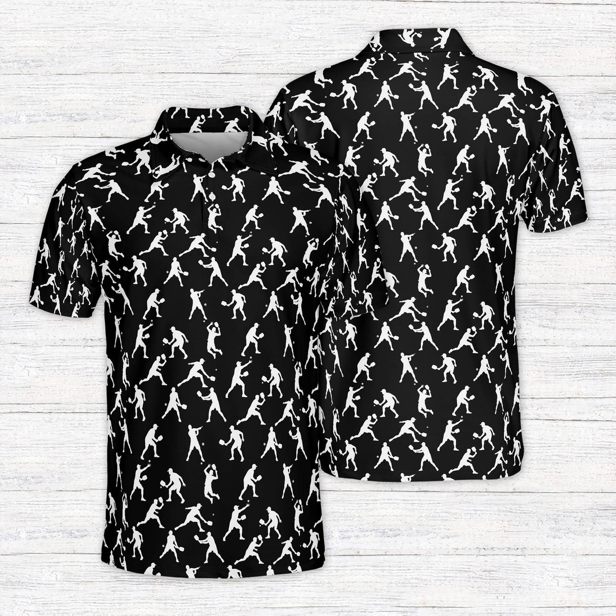 Black sports polo shirt with tennis player pattern, front view