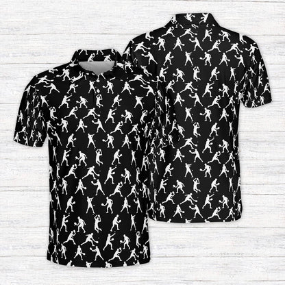 Black sports polo shirt with tennis player pattern, front view
