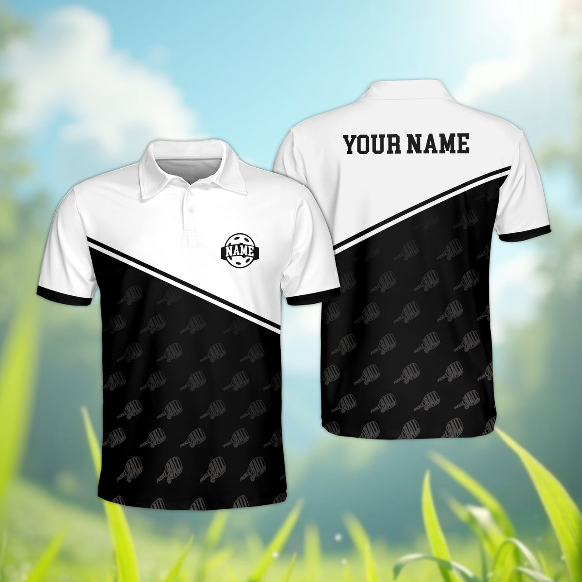 Main view of the personalized white sports polo shirt with black lower half and custom name