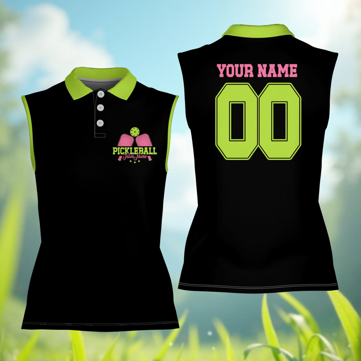 Black solid polo shirt with sports design, front view
