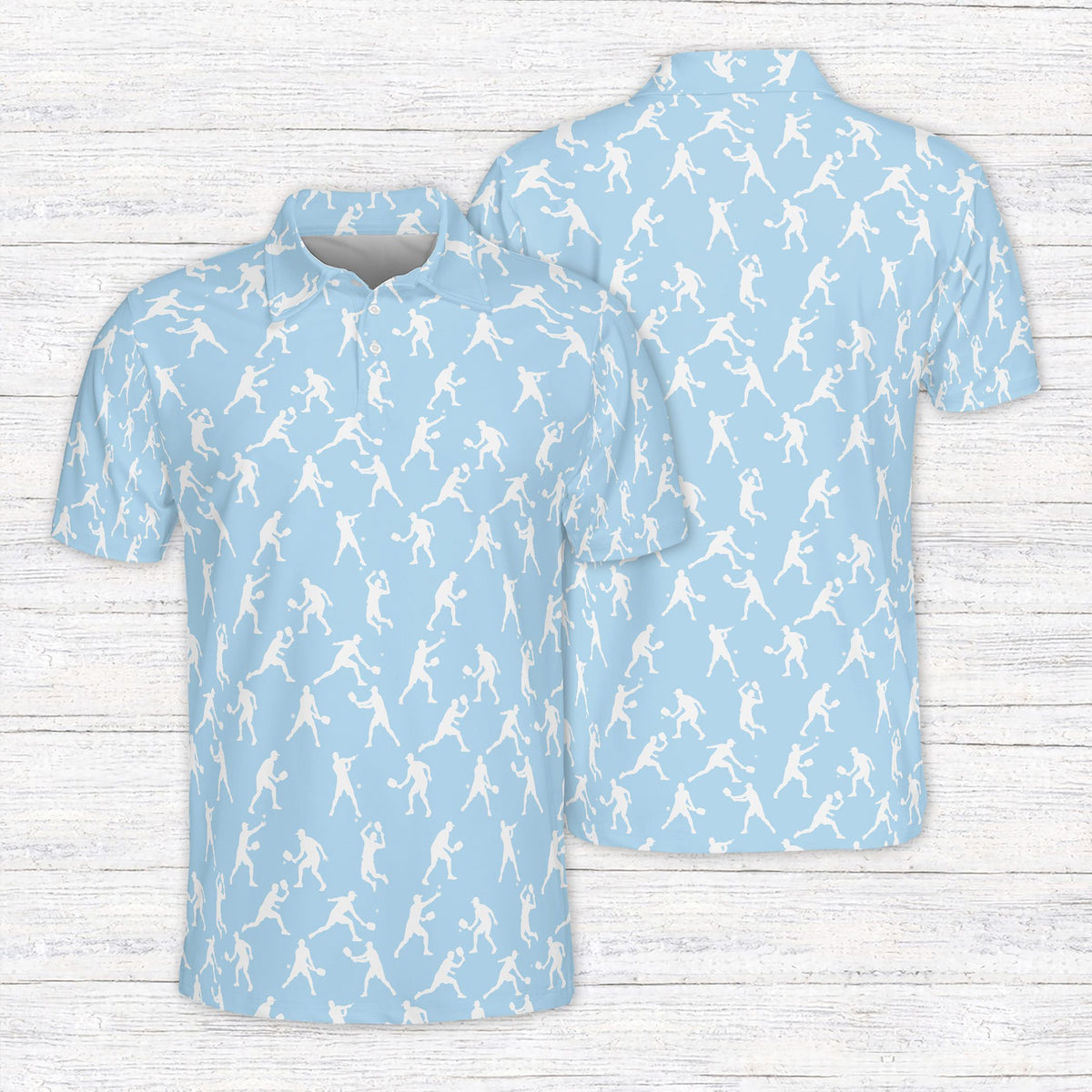 Blue sports polo shirt with tennis player pattern, front view