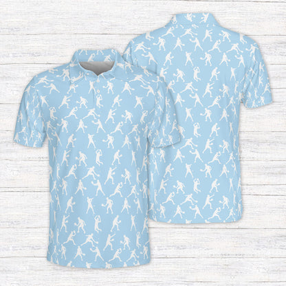 Blue sports polo shirt with tennis player pattern, front view