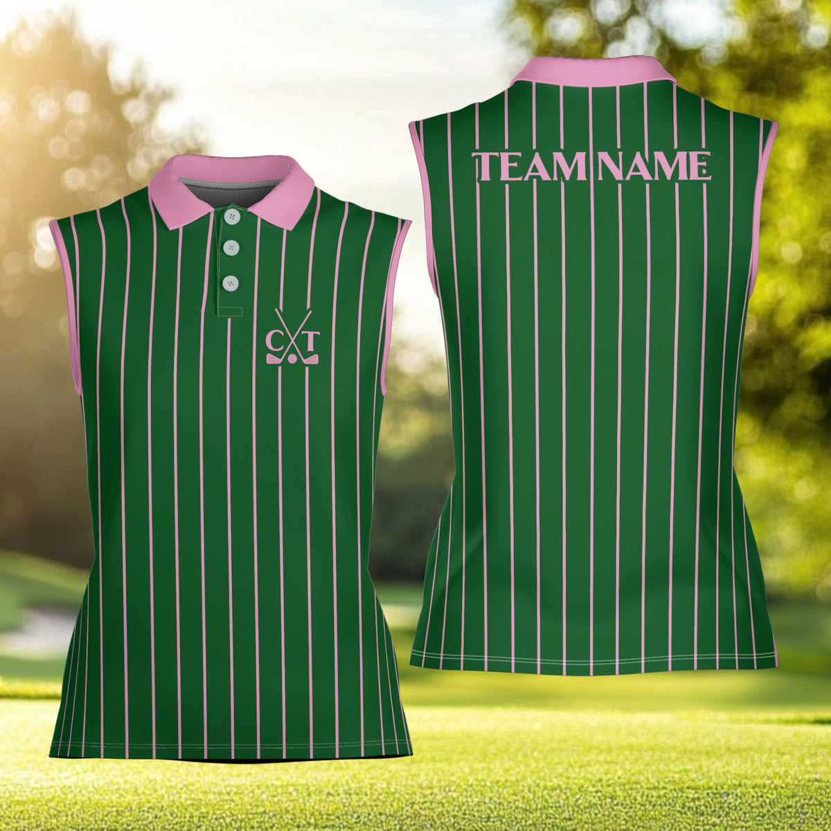Personalized green sports polo shirt with vertical stripes and custom name, front view