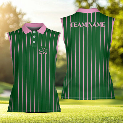 Personalized green sports polo shirt with vertical stripes and custom name, front view