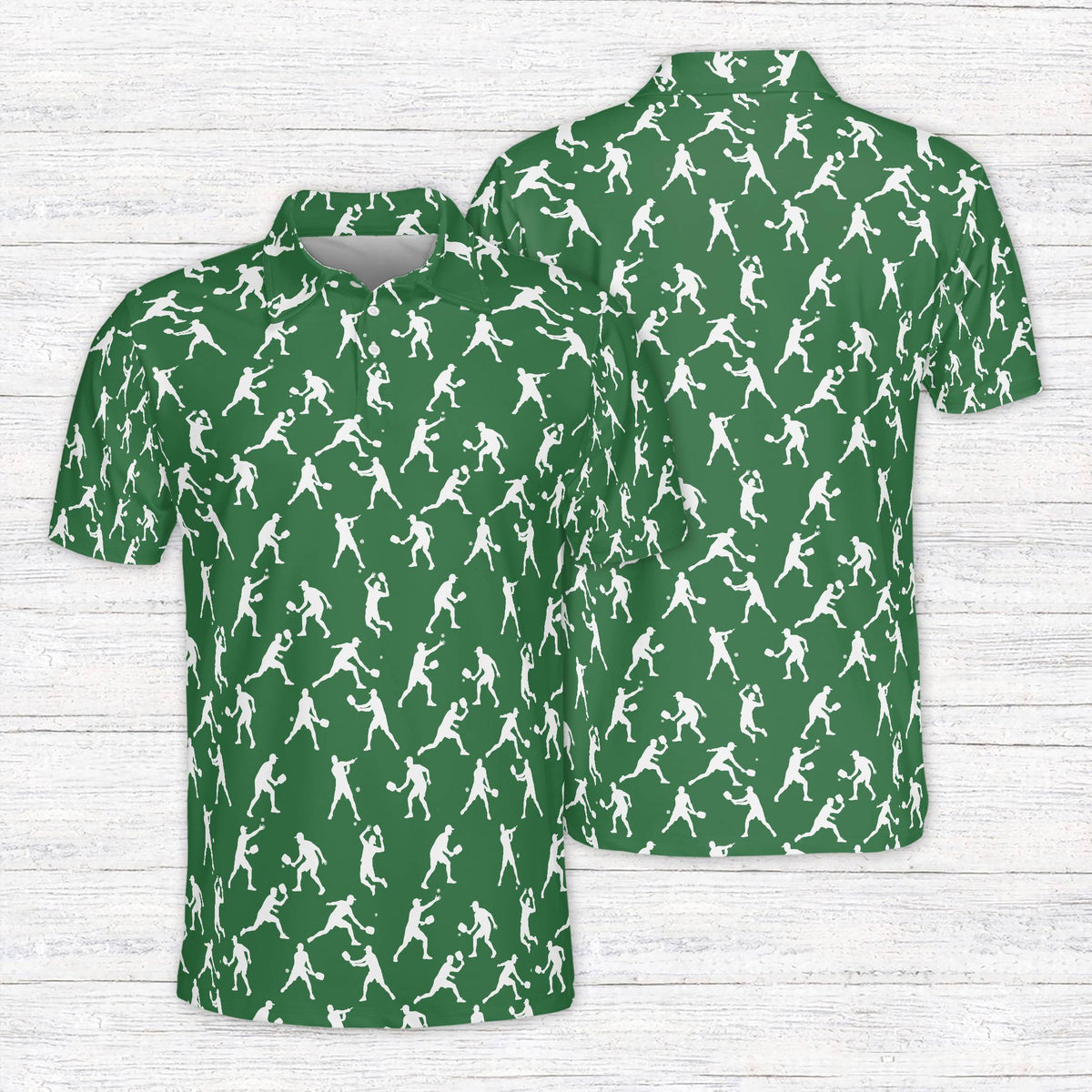 Green sports polo shirt with tennis player silhouettes pattern, front view