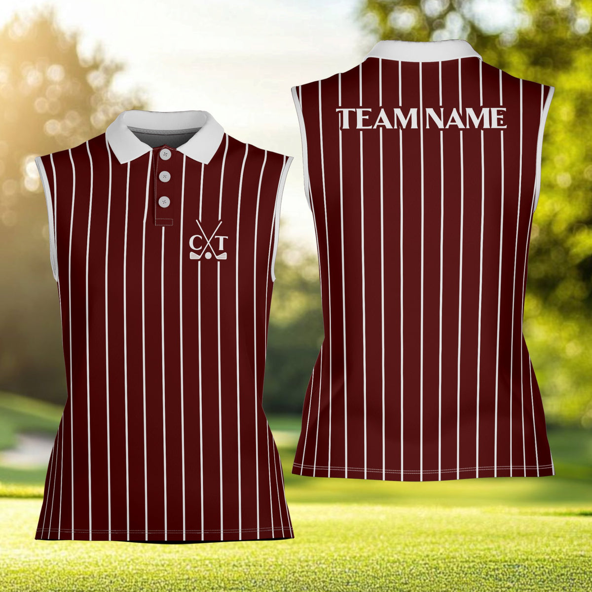 Personalized maroon sports polo shirt with vertical stripes and custom name, front view