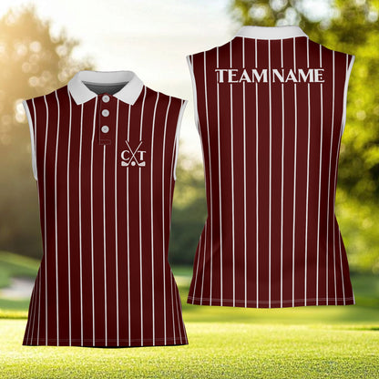 Personalized maroon sports polo shirt with vertical stripes and custom name, front view