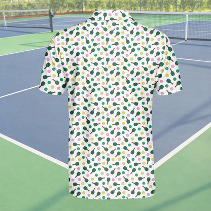 Sports polo shirt with pickleball pattern, back view detail