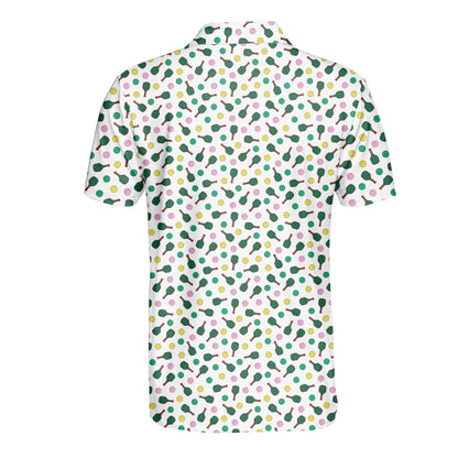 Sports polo shirt with pickleball pattern, front view detail 1