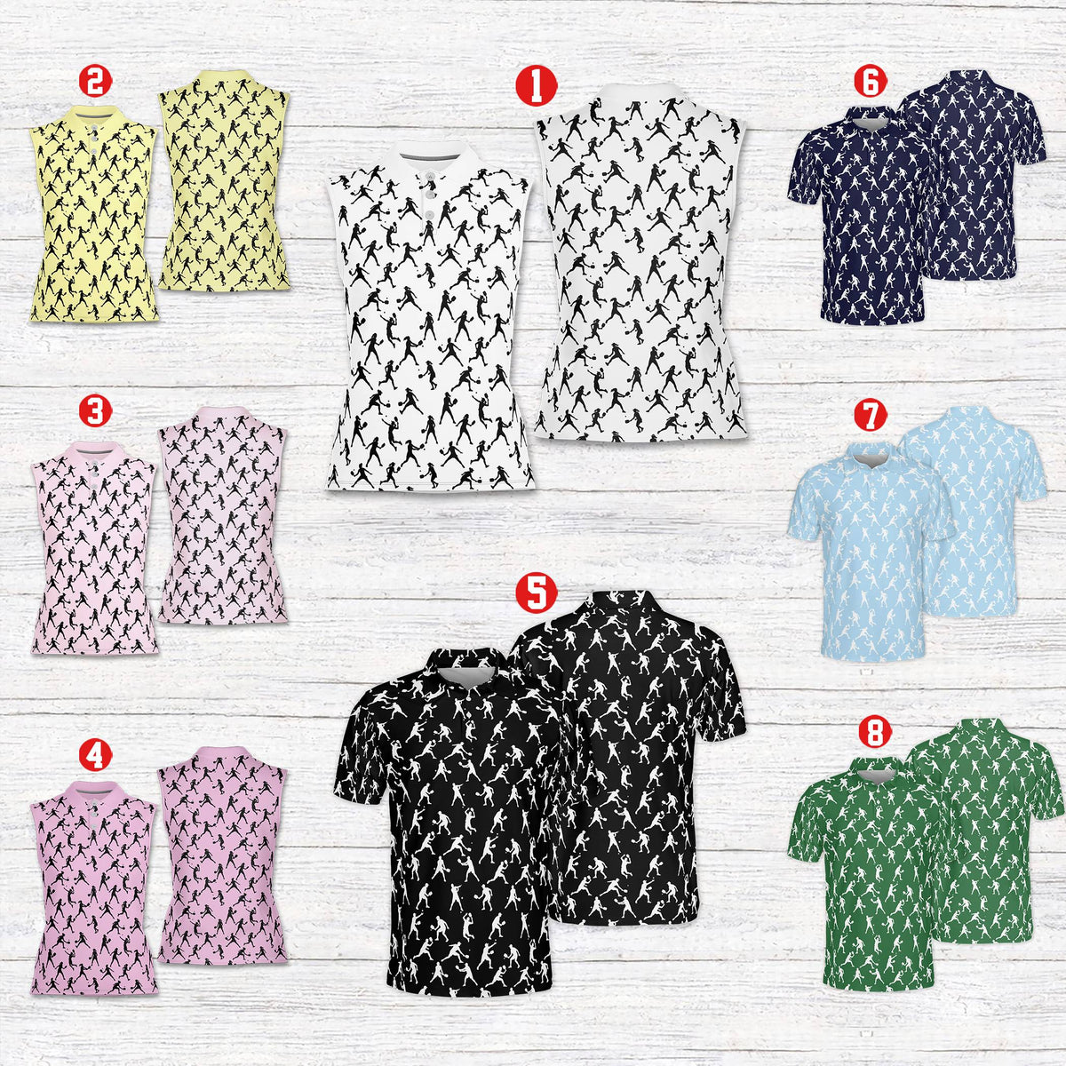 Multicolor sports polo shirt with tennis player pattern, front view