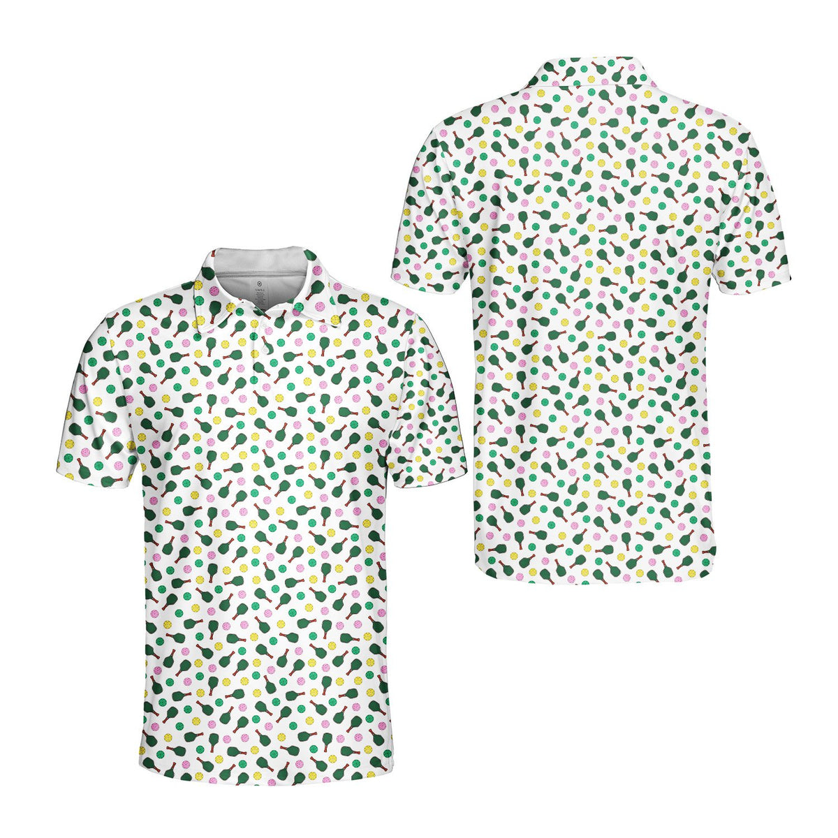 Sports polo shirt with pickleball pattern, front view detail 2