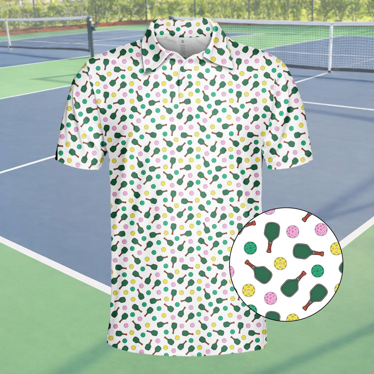 Sports polo shirt with pickleball pattern, front view