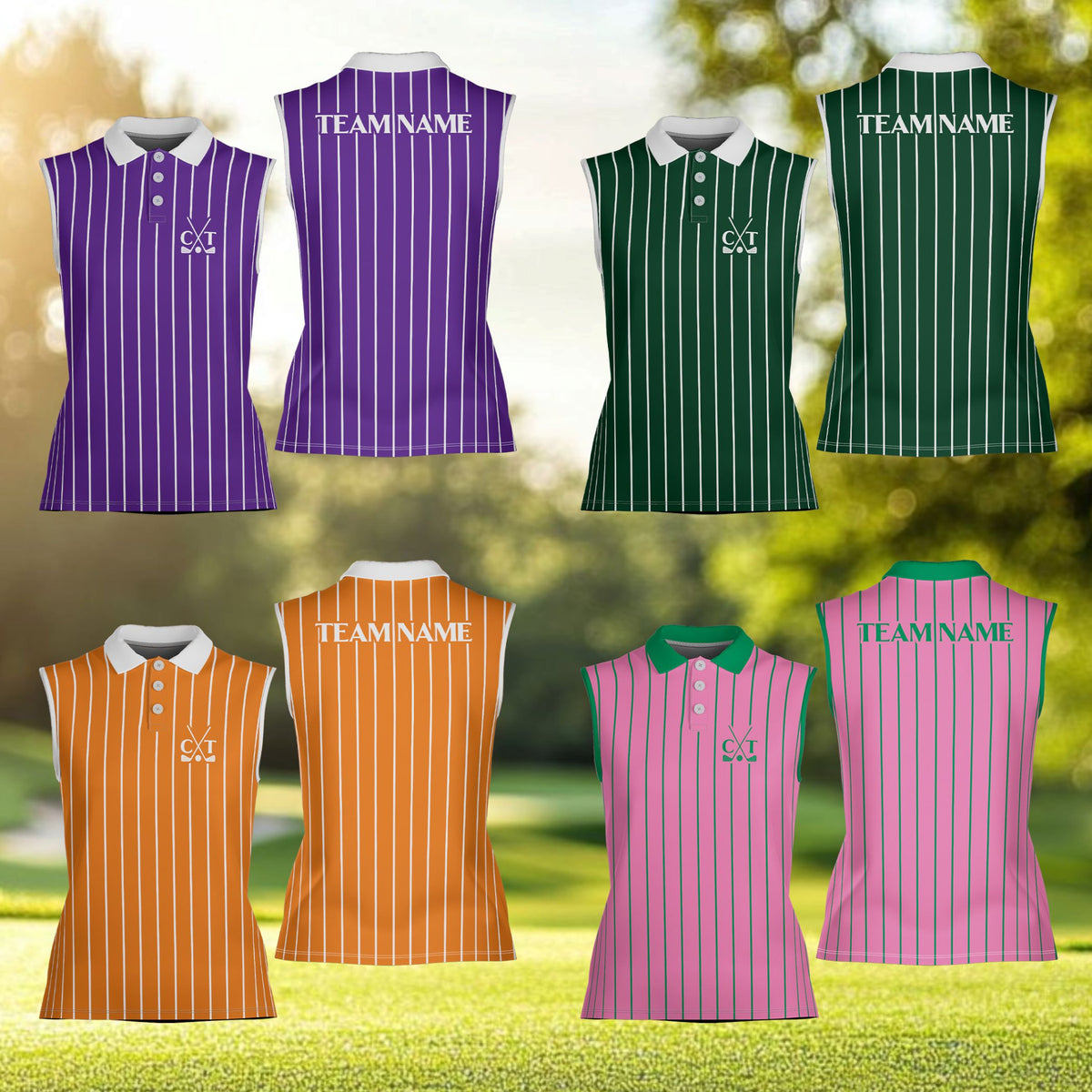 Collection of personalized sports polo shirts in various colors, lifestyle view