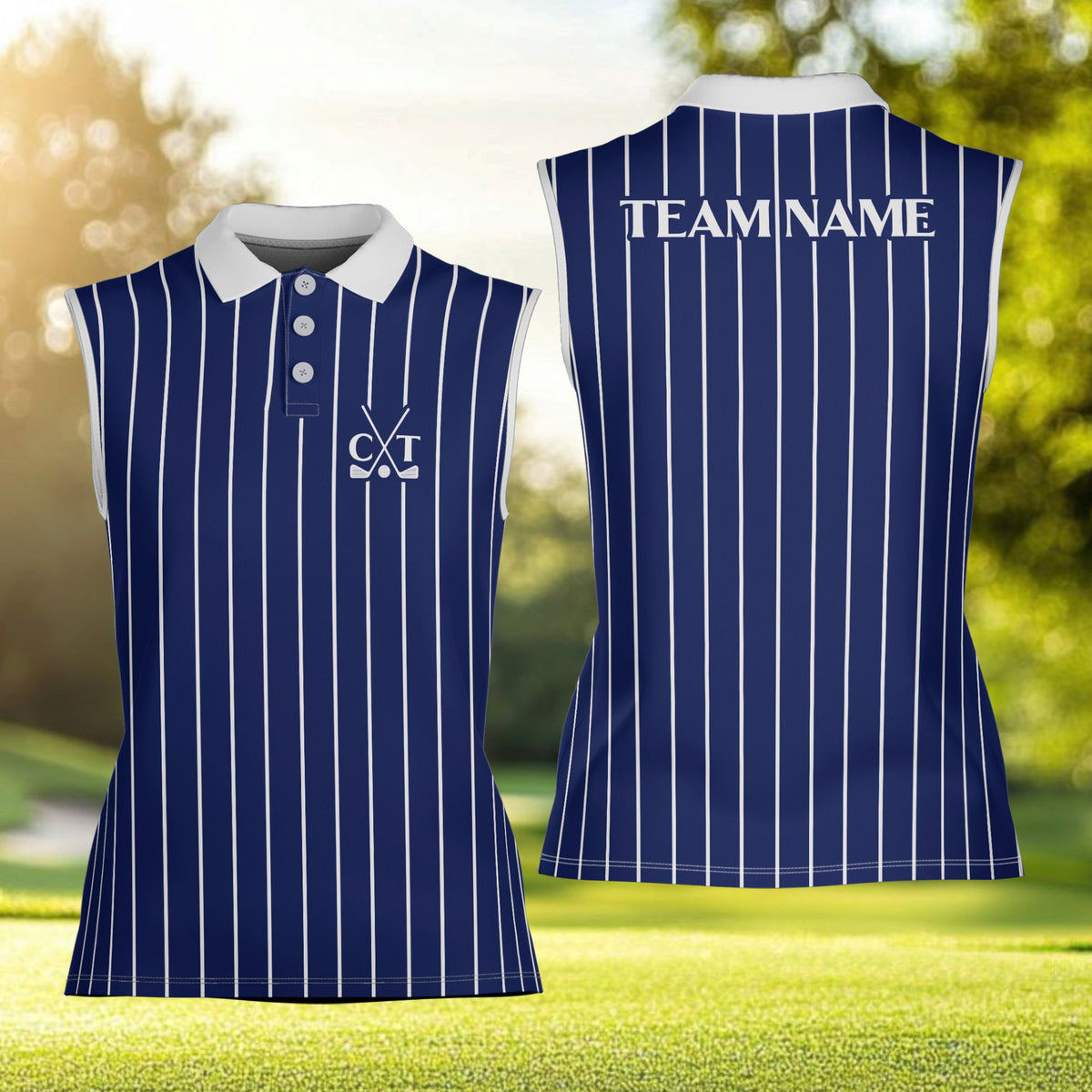 Personalized navy sports polo shirt with vertical stripes and custom name, front view