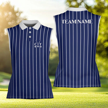 Personalized navy sports polo shirt with vertical stripes and custom name, front view