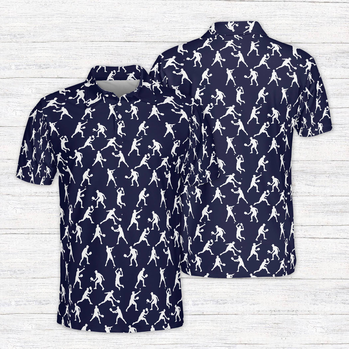 Navy sports polo shirt with tennis player pattern, front view